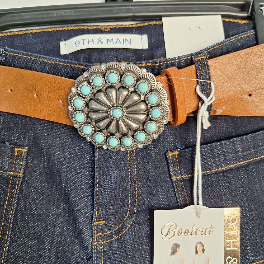 NWT Western Cowgirl Jeans Sz 6 Turquoise Belt High Rise Dark Wash 9th and Main
